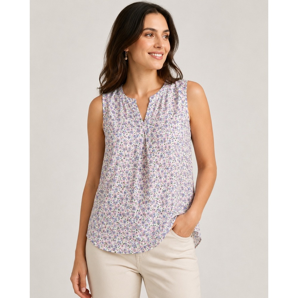 Fashion Floral Sleeveless Blouse Women Medium Pink Purple Split V-Neck Pleated
